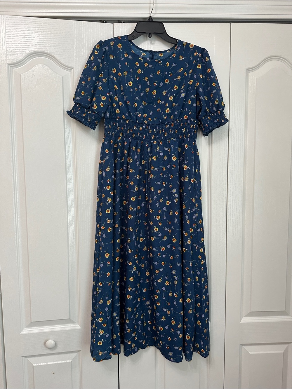 Navy Floral Smocked Waist Dress